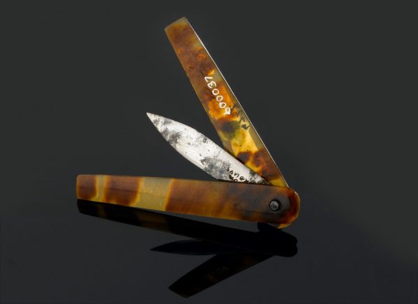 A short, pointed metal blade between two tortoise shell patterned covers.