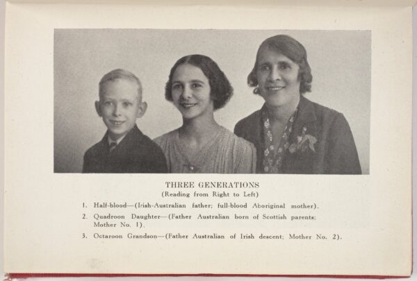 A page showing a black and white photograph of three individuals, a boy child, a young woman, and an older woman. The text below labels them as an "Octoroon Grandson," "Quadroon Daughter," and "Half-blood."