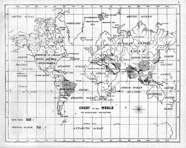 A black and white Mercator map of the world with shaded regions indicating areas where Beriberi and "oriental plague" are endemic.