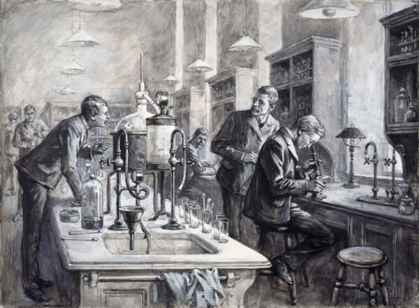 A monochromatic gouache featuring two rows of laboratory equipment on counters and white men in suits. One figure in the foreground sits on a stool and uses a microscope while two figures nearby converse over a counter. Three figures populate the background and are engaged in various activities; one turns to look at the conversing subjects, another stands at the end of the left counter stirring a beaker, and a final in the background is on the left edge of the scene.