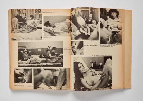 Pages of the book Our Bodies, Ourselves showing births at home and at the hospital.