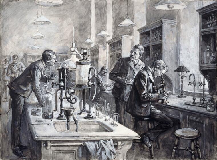 Sir Ronald Ross, C.S. Sherrington, and R.W. Boyce in a laboratory at the Liverpool School of Tropical Medicine. Gouache by W.T. Maud, 1899