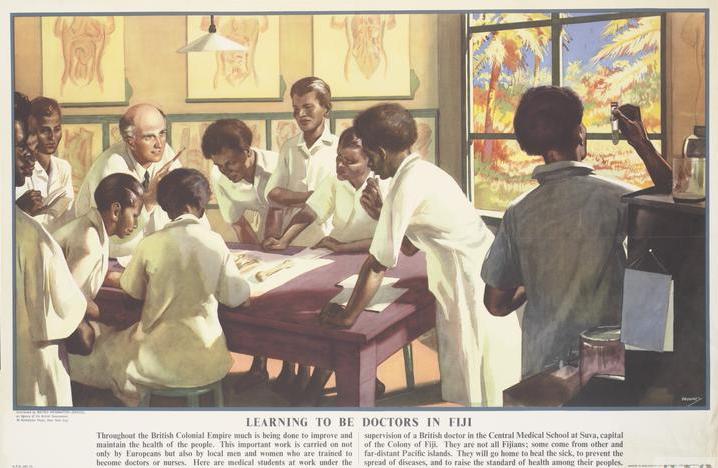 The image occupies the majority, held within a blue border. The title and text are separate and positioned in the lower fifth, in black. All set against a white background. The image is a depiction of a white British doctor instructing a class of Fijian medical students. They are positioned around a table, studying several bones laid out on the surface. At the right, another student holds up a test tube.